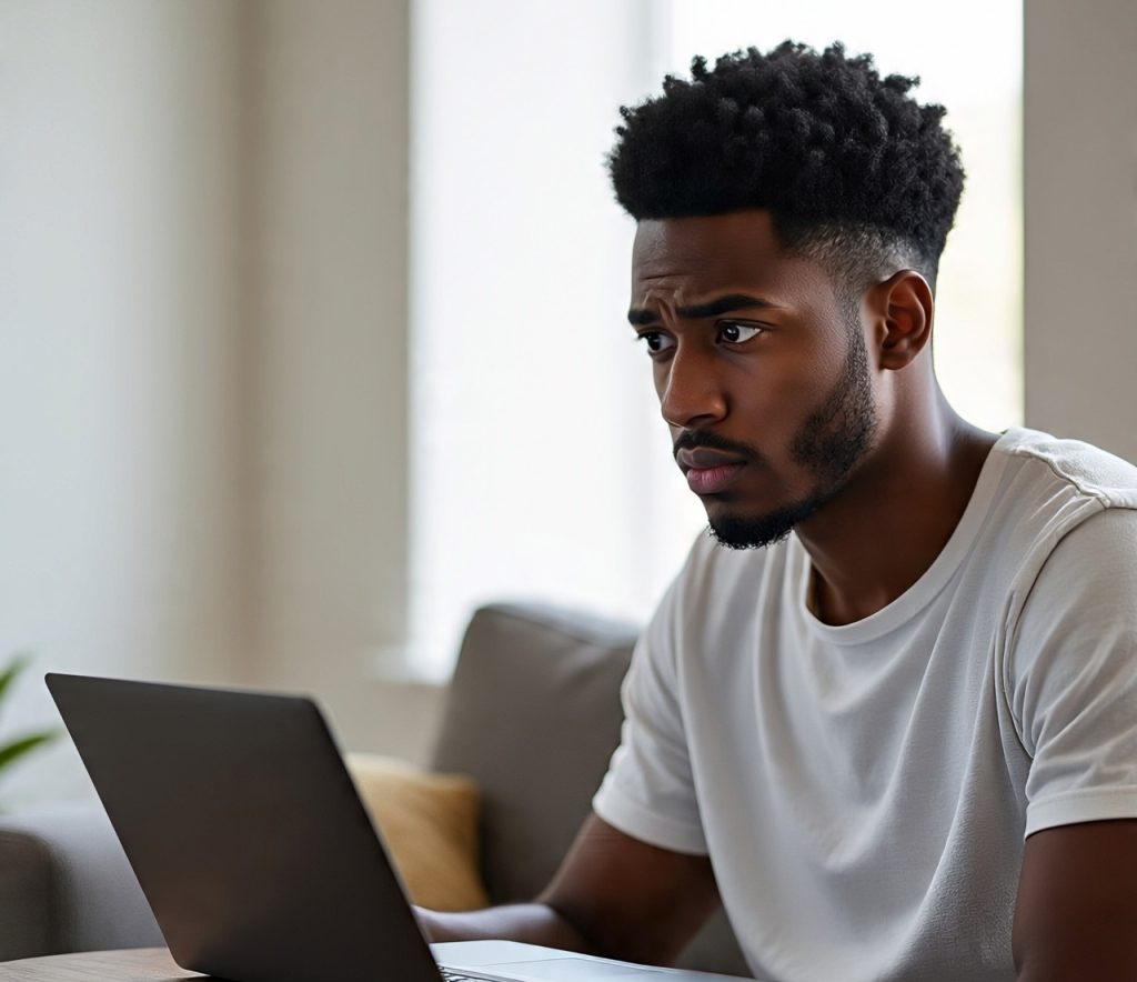 “Person noticing red flags during an online video chat, representing spotting catfish behavior in modern dating.