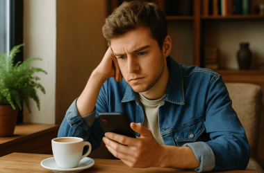 Person looking at their phone at a café, symbolizing the struggles of dating apps and communication.
