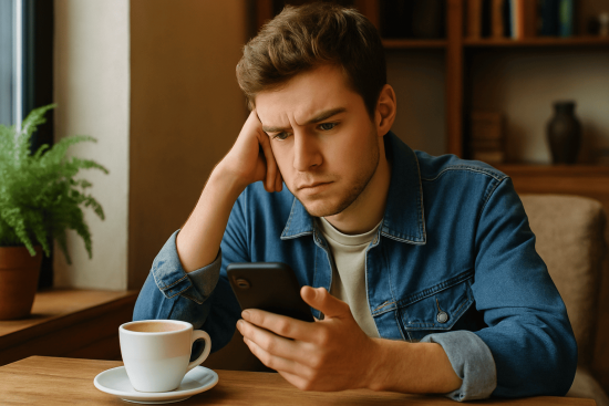Person looking at their phone at a café, symbolizing the struggles of dating apps and communication.