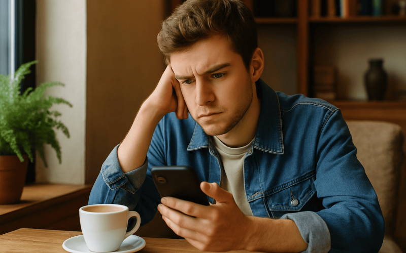 Person looking at their phone at a café, symbolizing the struggles of dating apps and communication.