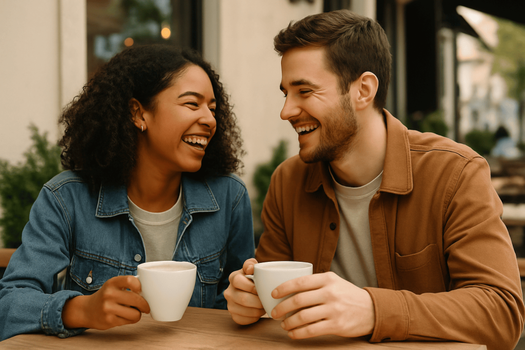Couple laughing together at a café, representing genuine connection beyond physical appearance.