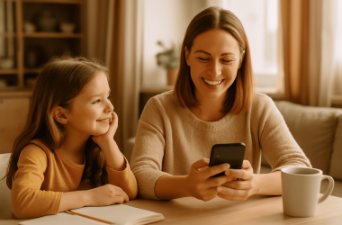 Single parent spending time with their child while texting, symbolizing balance between parenting and dating.