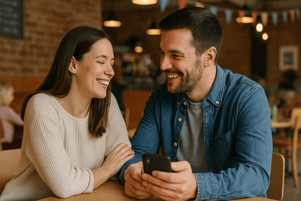 Couple on a casual date at a family-friendly café, representing single parents finding romance comfortably.