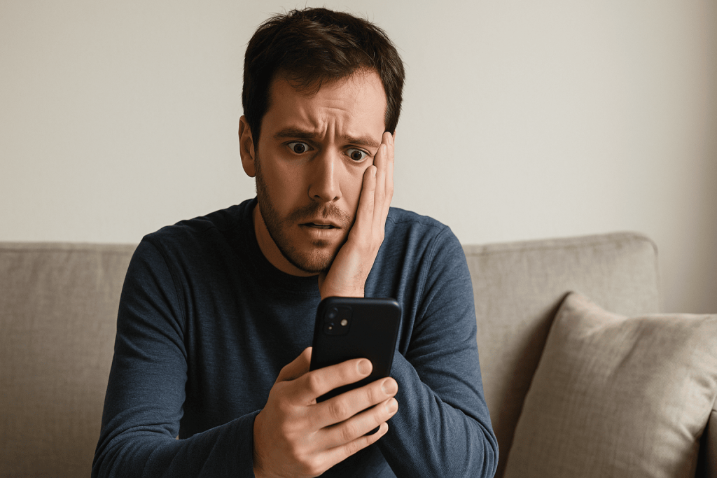 Person looking distressed after discovering a catfish scam