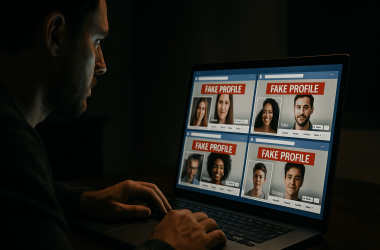 Person behind a computer screen creating a fake dating profile