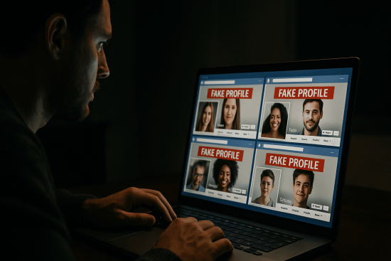 Person behind a computer screen creating a fake dating profile