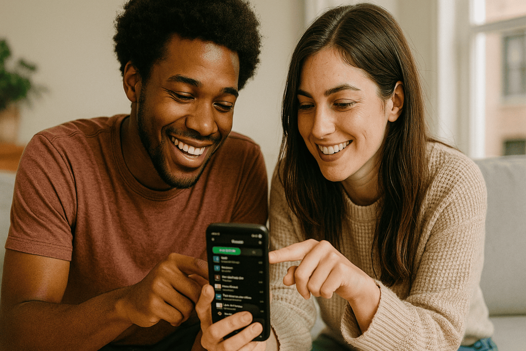 Two people sitting with a phone, curating a playlist together, representing shared musical bonding.