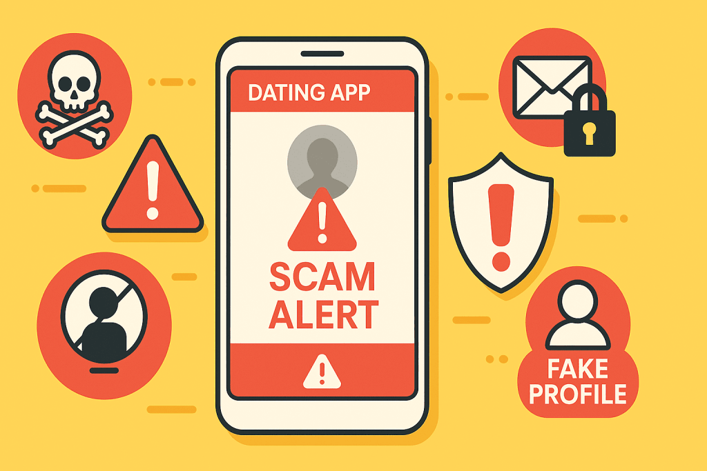 Visual of dating app scam warning signs and red flags