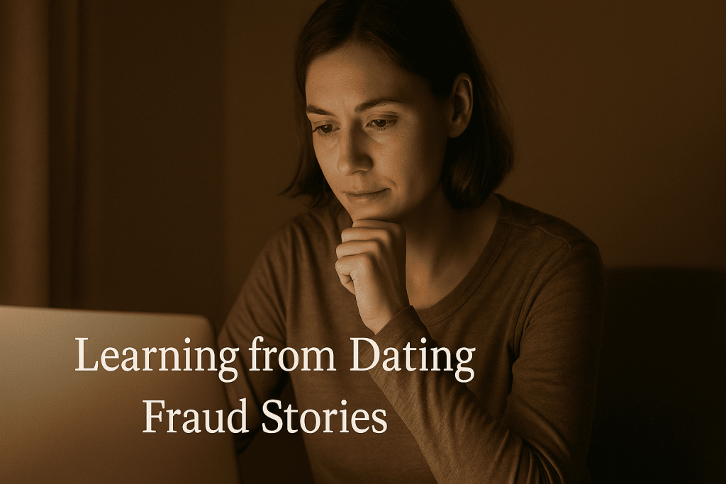 Person reflecting after online dating fraud, learning lessons