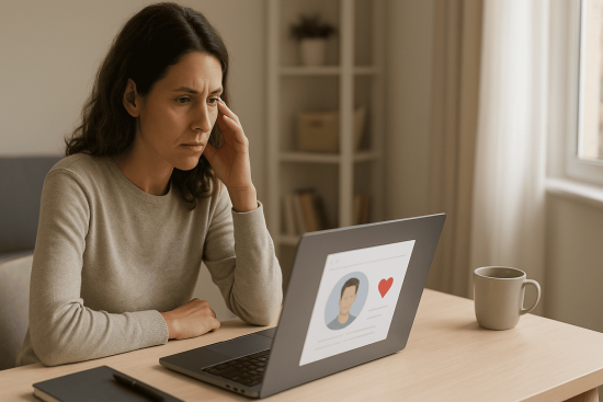 Person looking worried at laptop with online dating site open, representing dating fraud victims