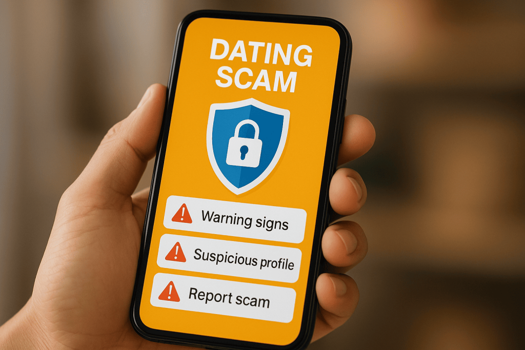 User identifying online dating fraud signs on smartphone
