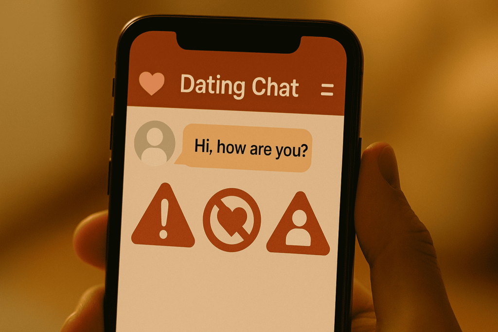 Phone screen showing suspicious dating chat and scam warning sign