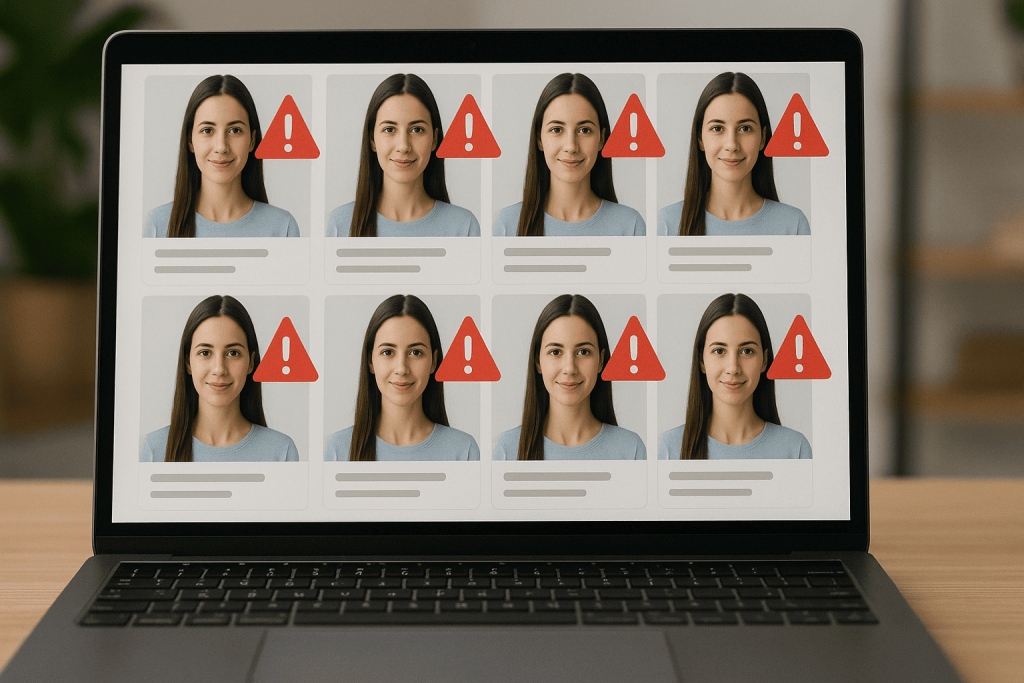 Fake dating profiles concept showing multiple duplicate photos on a laptop screen