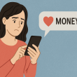 Woman realizing financial red flags in online dating chat