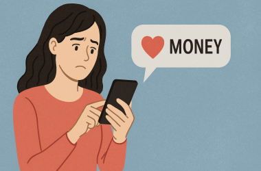 Woman realizing financial red flags in online dating chat