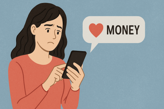 Woman realizing financial red flags in online dating chat