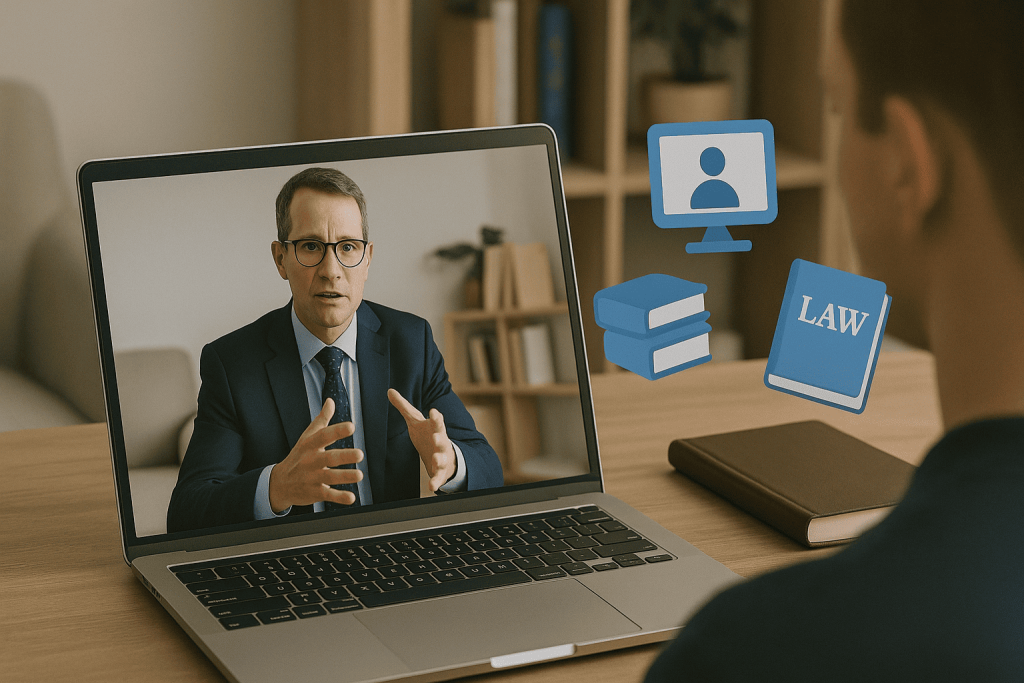 Lawyer advising a client over video call about online dating fraud, legal help for dating scams