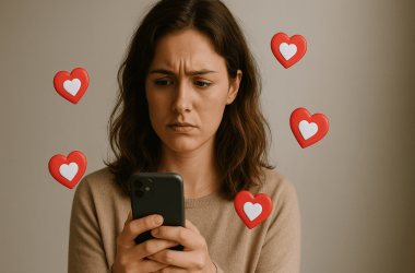 A woman surrounded by floating heart icons, looking uncertain between love and manipulation.