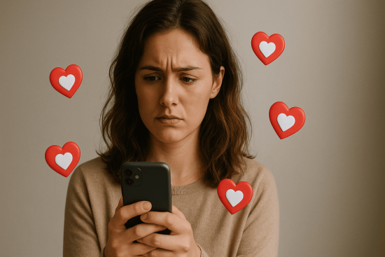 A woman surrounded by floating heart icons, looking uncertain between love and manipulation.