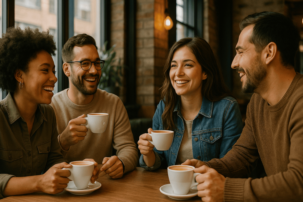 Group of friends enjoying coffee together in an urban café, representing building social connections.