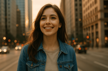 A young person standing in a city with a hopeful smile, symbolizing new beginnings and opportunities for love.