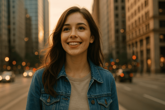 A young person standing in a city with a hopeful smile, symbolizing new beginnings and opportunities for love.