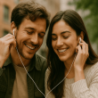 A couple sharing headphones and smiling while listening to music together, symbolizing connection and chemistry.