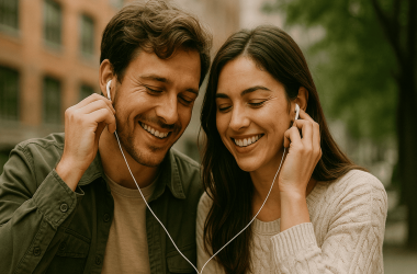 A couple sharing headphones and smiling while listening to music together, symbolizing connection and chemistry.