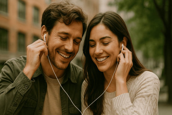 A couple sharing headphones and smiling while listening to music together, symbolizing connection and chemistry.