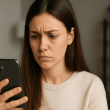 Woman realizing inconsistencies in online dating profile