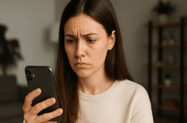 Woman realizing inconsistencies in online dating profile
