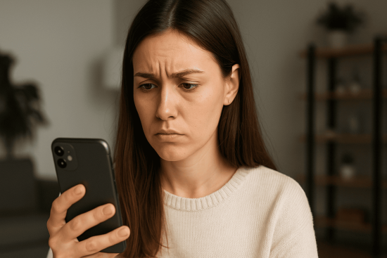 Woman realizing inconsistencies in online dating profile