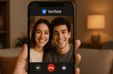 Couple safely connecting online using a verified dating app