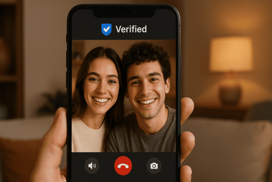 Couple safely connecting online using a verified dating app