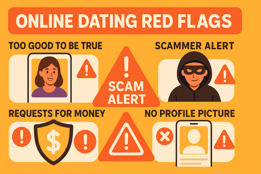 Illustration showing common online dating scam red flags