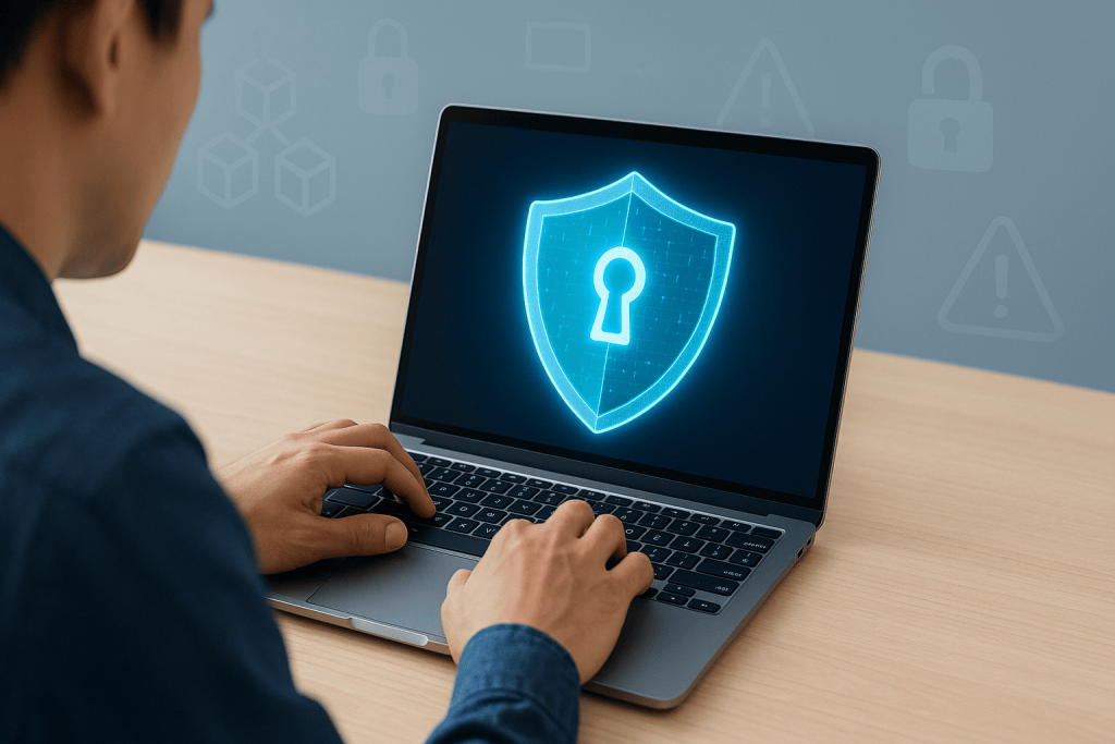 Individual using laptop with holographic security shield symbolizing online fraud awareness and digital safety.