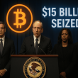 U.S. Department of Justice officials announcing record $15B Bitcoin seizure in a global pig butchering scam investigation.