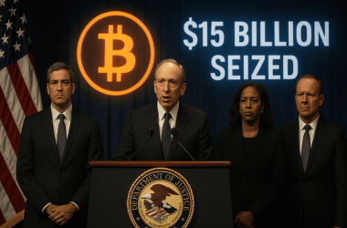 U.S. Department of Justice officials announcing record $15B Bitcoin seizure in a global pig butchering scam investigation.