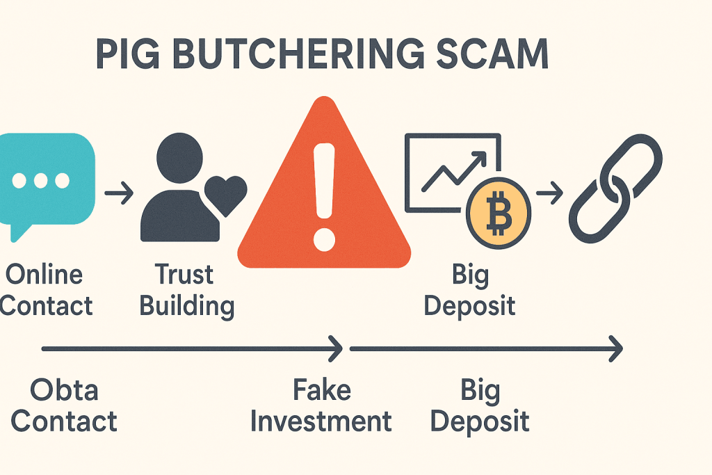 Infographic illustrating the step-by-step process of a pig butchering scam from online contact to crypto fraud.