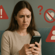 Woman looking at phone with warning symbols representing red flags in online dating