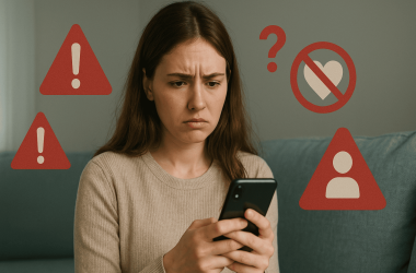Woman looking at phone with warning symbols representing red flags in online dating