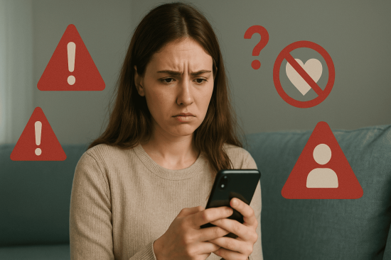 Woman looking at phone with warning symbols representing red flags in online dating