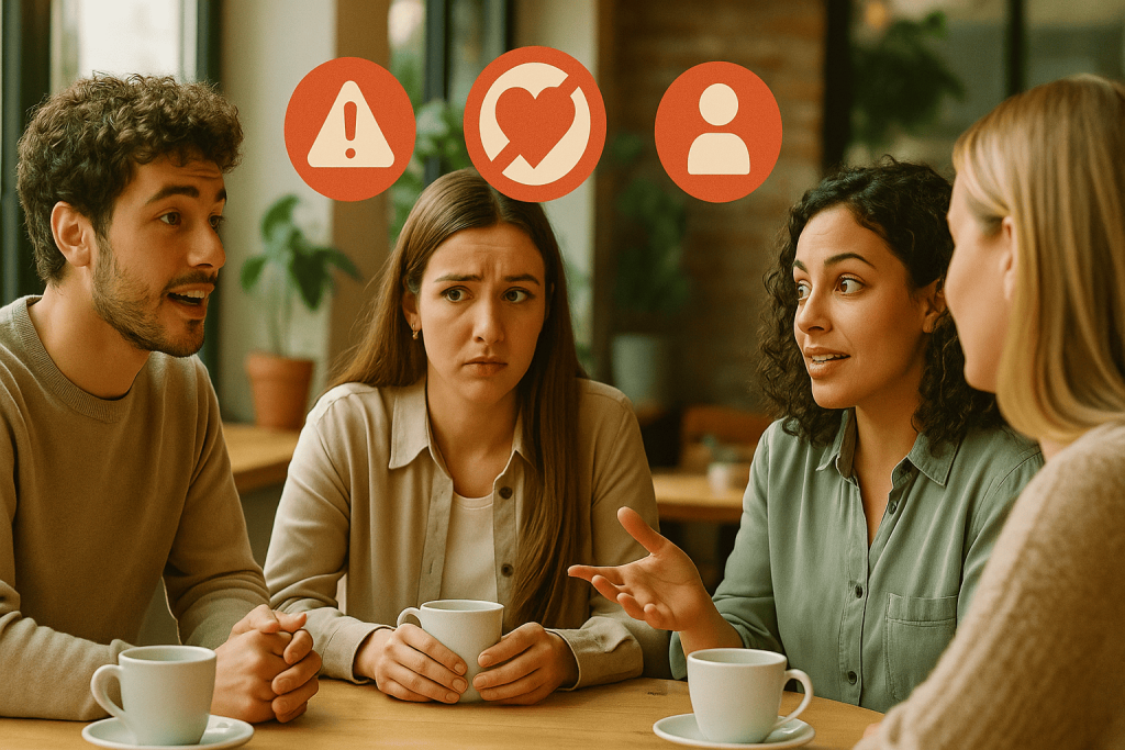 Friends talking and advising each other about relationship warning signs