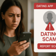 Person reporting a dating scam on smartphone app