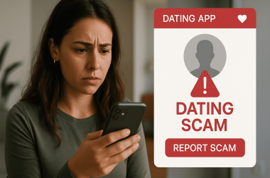 Person reporting a dating scam on smartphone app