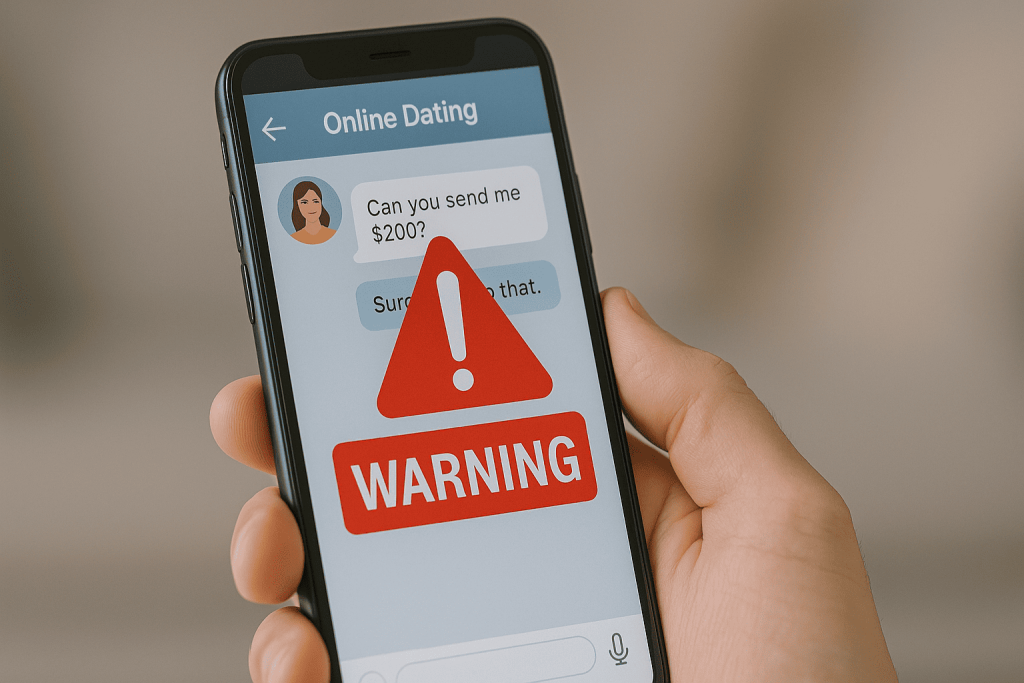 Hand holding smartphone showing scam message with red alert symbol, reporting romance scam
