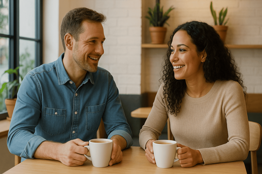 Two people meeting safely for the first time in public place