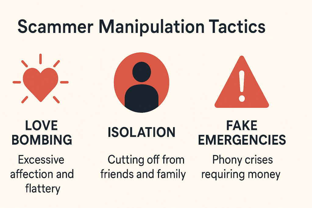 Illustration showing scammer manipulation tactics like love bombing and crisis creation