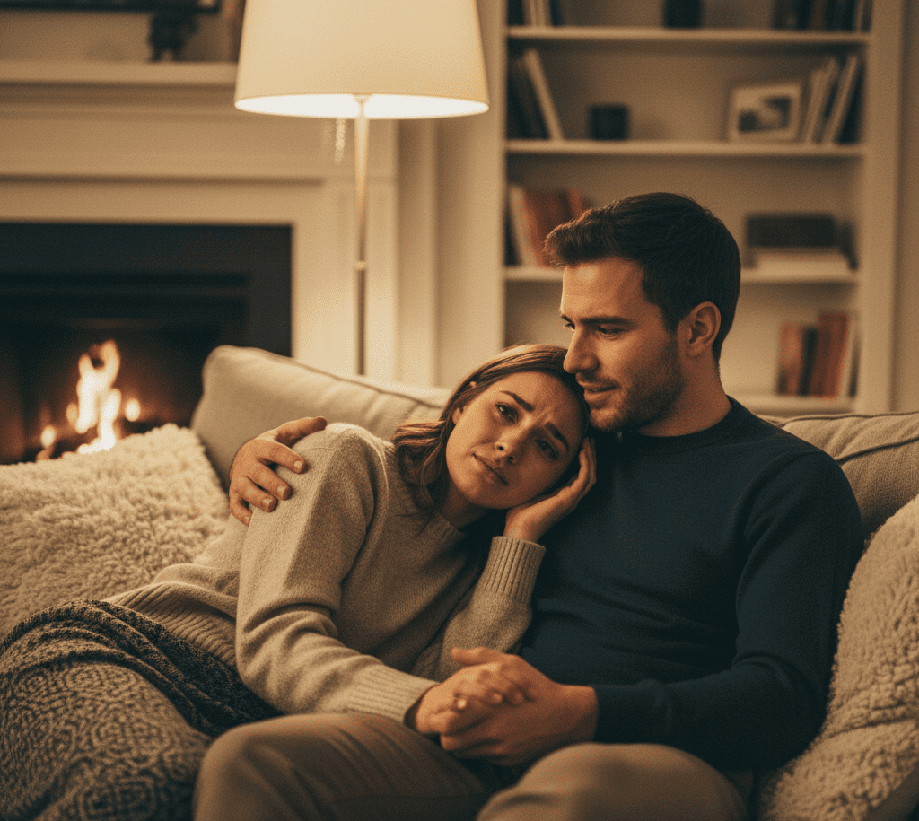 A couple sitting on a couch having a heart-to-heart talk