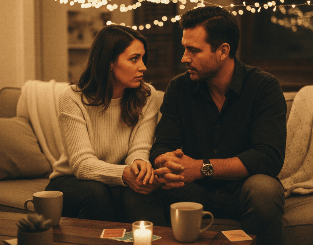 Couple having a deep conversation under soft lighting